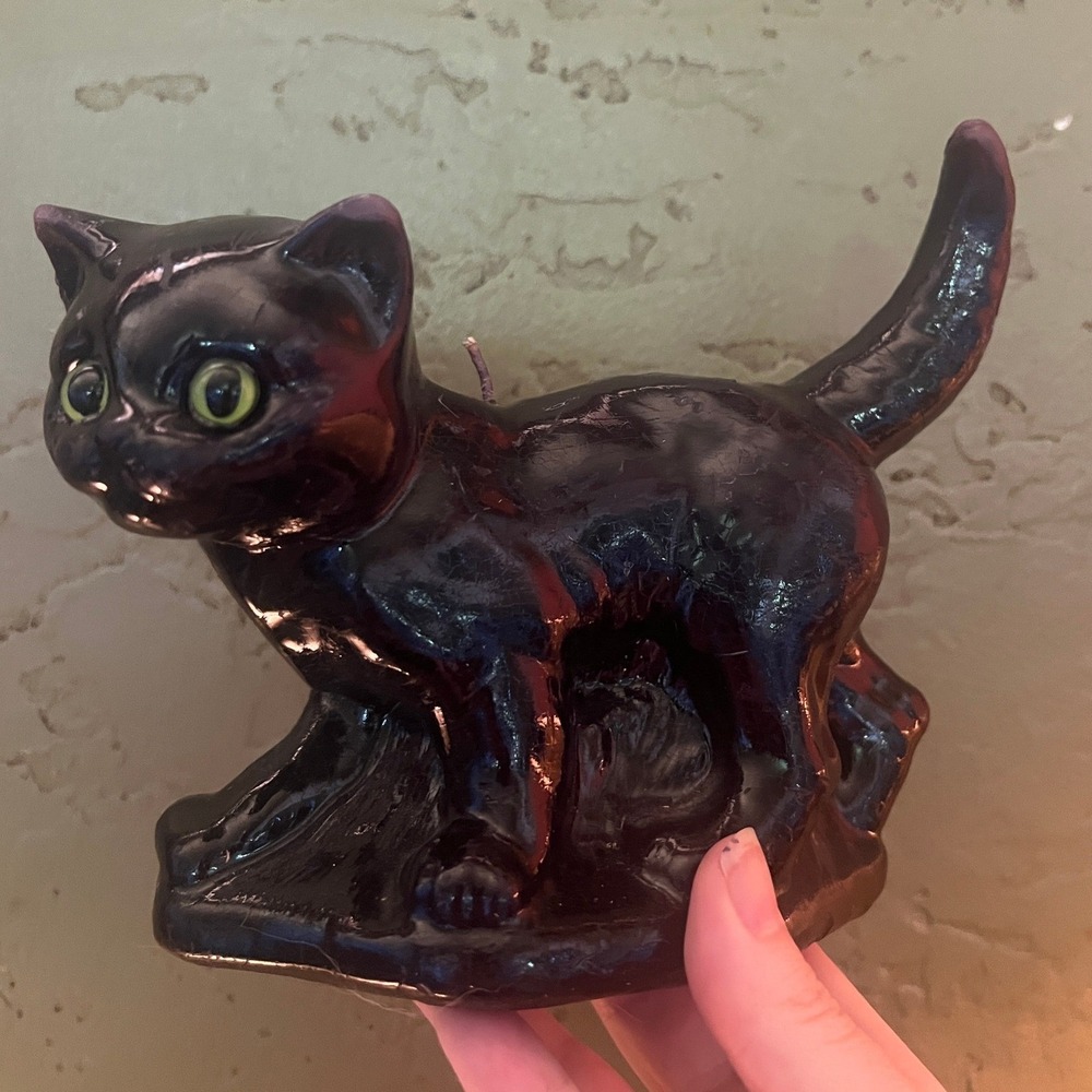 Vintage Black Cat Purple Figural Candle Green Eyes Unburned Halloween Kitsch 6"